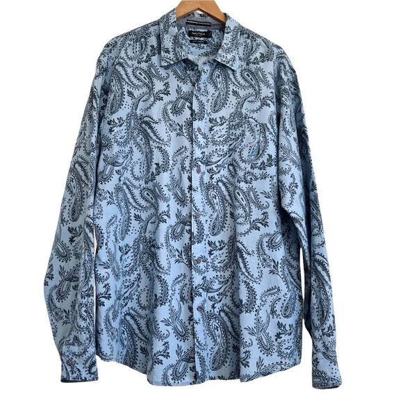 Nautica Blue Paisley Linen + Cotton Blend Long Sleeve Button Down Shirt Trimmer - Picture 1 of 6
